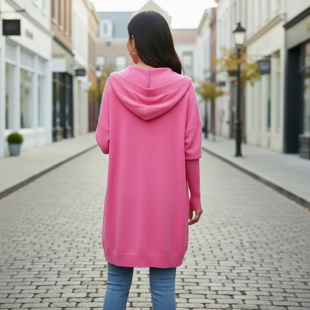 Person wearing a pink hoodie walking down a street.