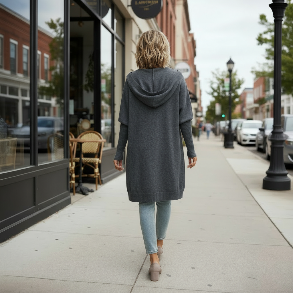 Woman walking on a sidewalk wearing a long gray coat, white shirt, and ripped jeans.