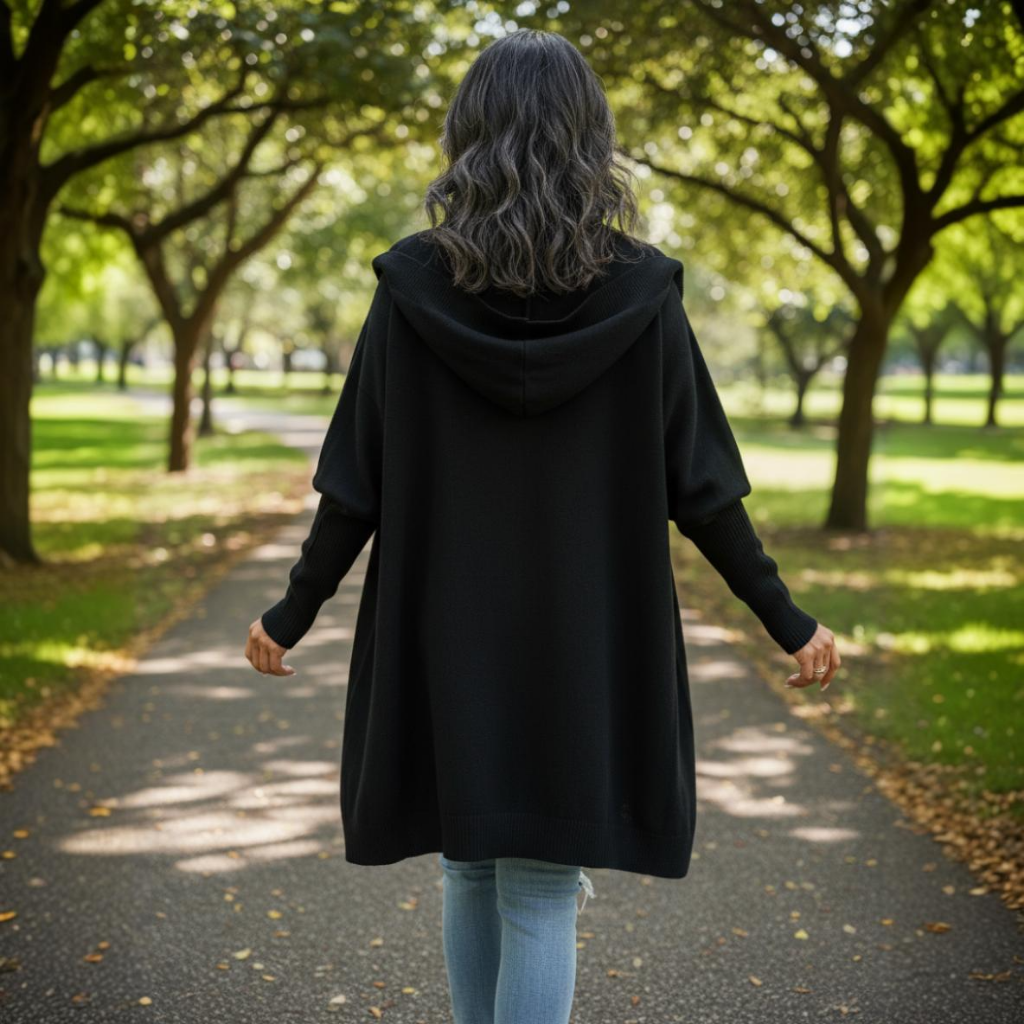 Person wearing a black hooded coat walking on a path in a park.