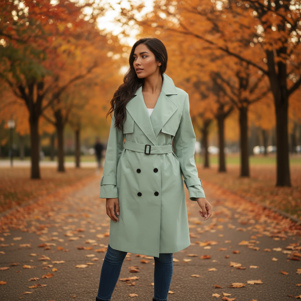 Woman wearing a light green trench coat walking in a park with autumn leaves.