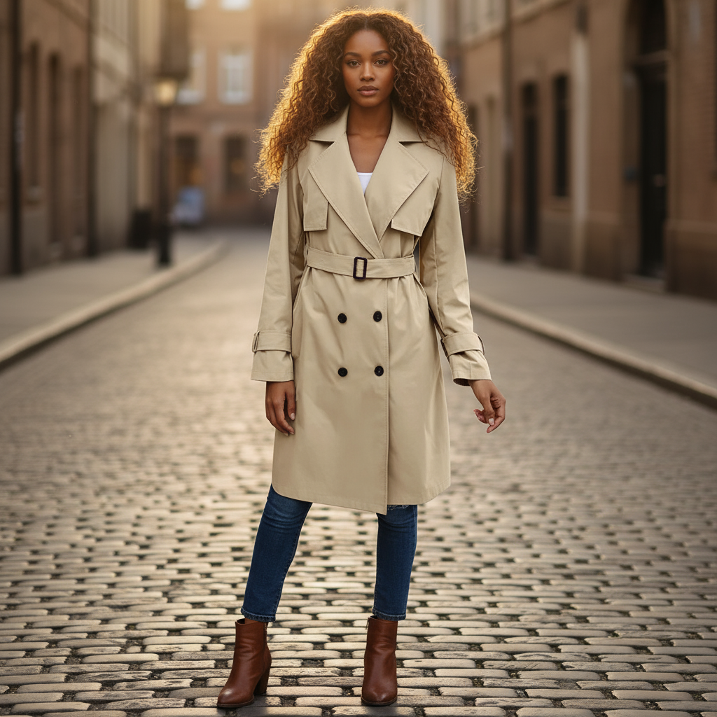 Woman wearing a beige trench coat on a cobblestone street