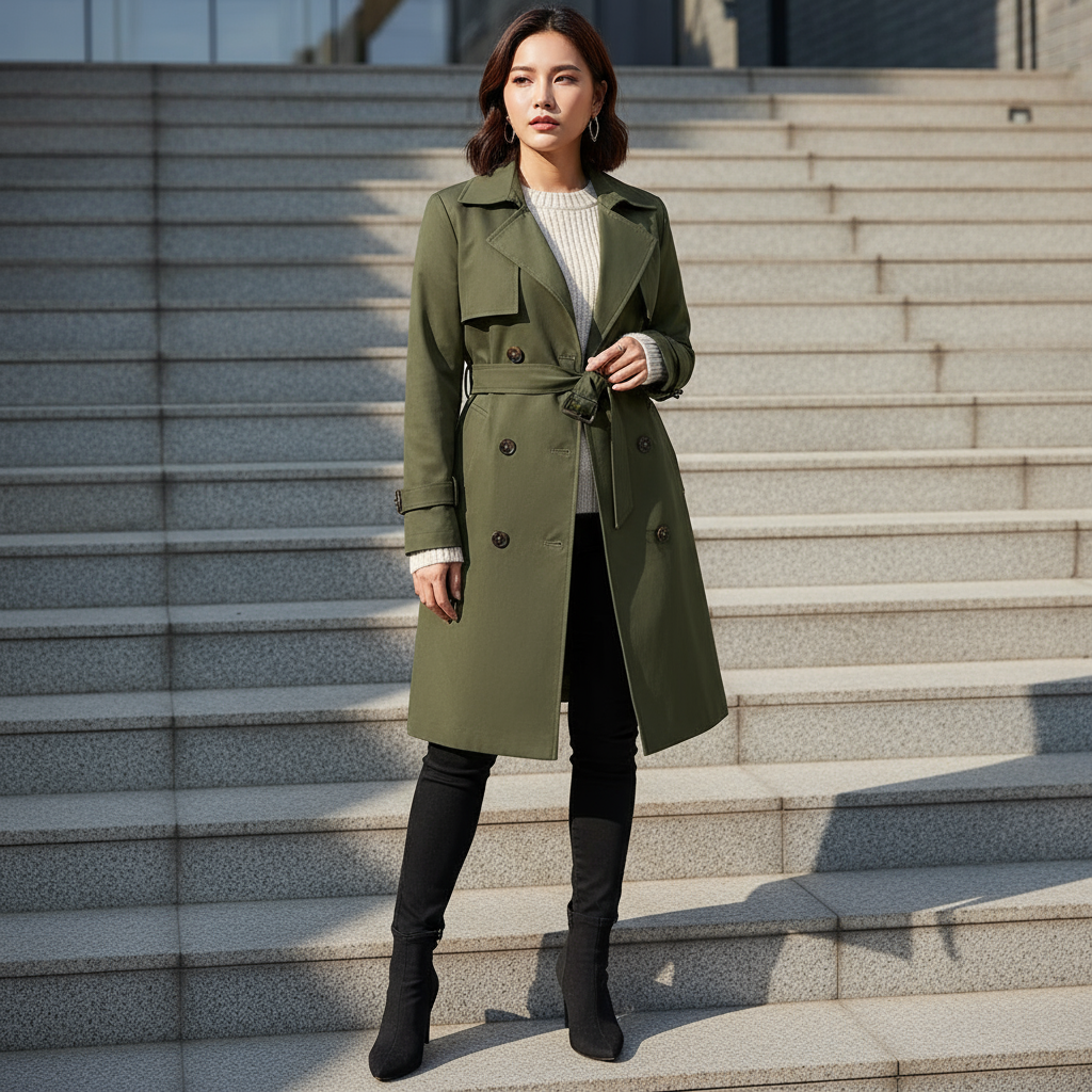 Woman wearing an olive green trench coat standing on outdoor stone steps.