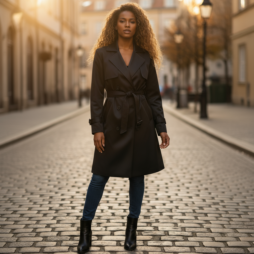 Woman wearing a black trench coat standing on a cobblestone street at sunset.