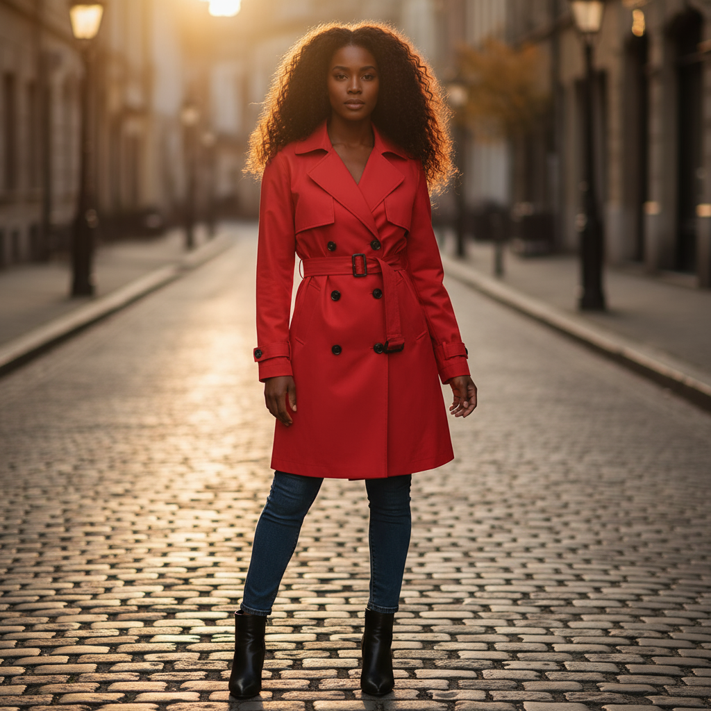 Woman wearing a red trench coat standing on a cobblestone street at sunset.