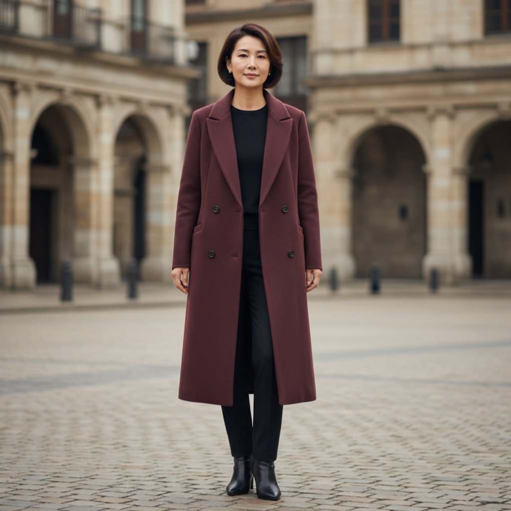 Woman wearing a long burgundy coat standing in an outdoor setting with architectural background