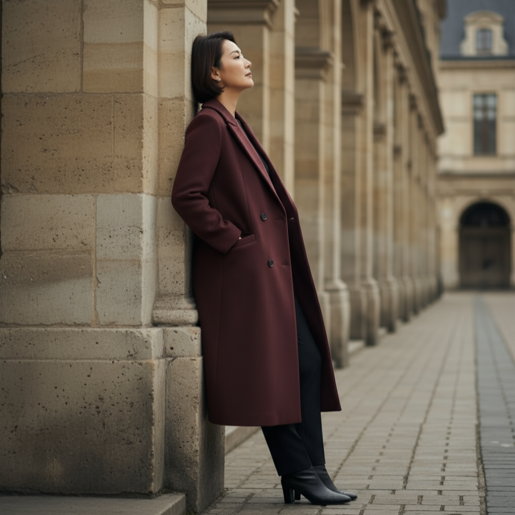 Woman in a long coat leaning against a stone wall in an urban setting