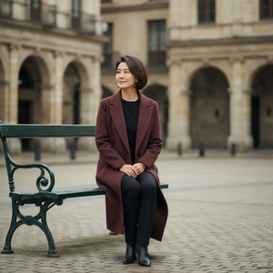 Woman in a maroon coat sitting on a bench in an outdoor setting with historical architecture.