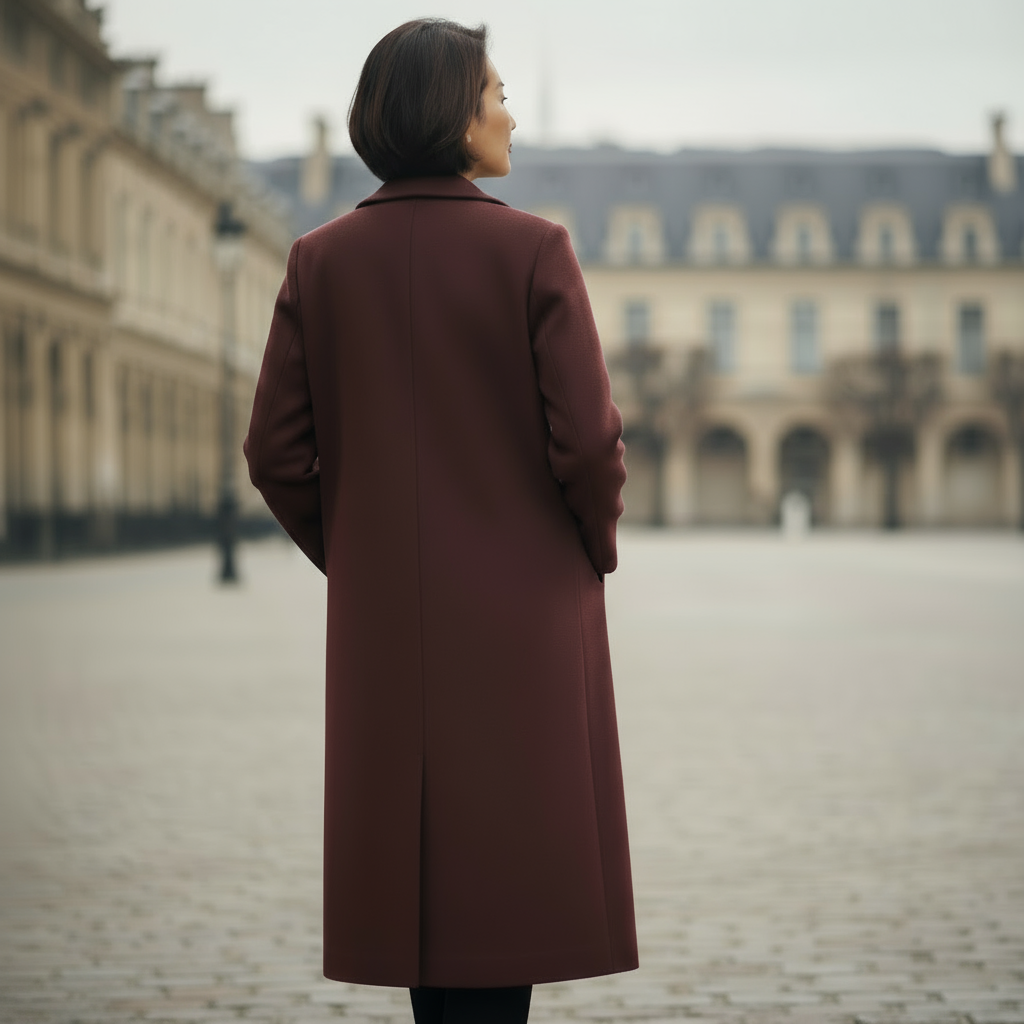 Person wearing a long brown coat standing in an open square with classical architecture.