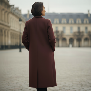 Person wearing a long brown coat standing in an open square with classical architecture.