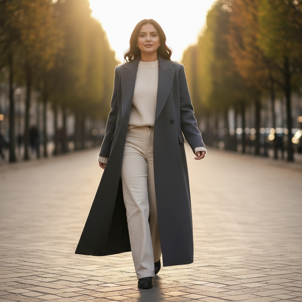 Woman in a long coat walking on a tree-lined street.