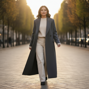 Woman in a long coat walking on a tree-lined street.