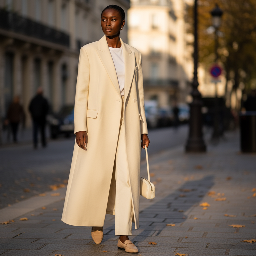 Woman in a long beige coat walking on a city street.