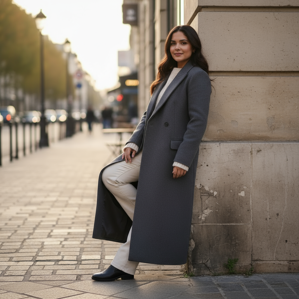 Woman in a long coat leaning against a wall on a city street.