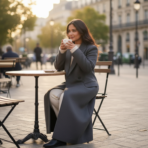 Woman in a gray suit sitting at an outdoor cafe table, holding a coffee cup.