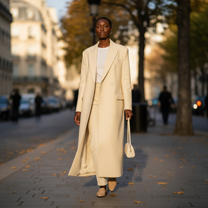 Woman in a beige coat walking on a city street with blurred background