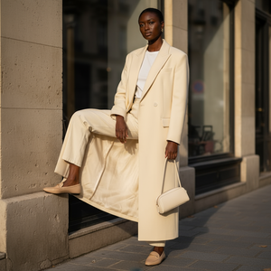 Woman in a beige suit sitting on a wall with a blurred background