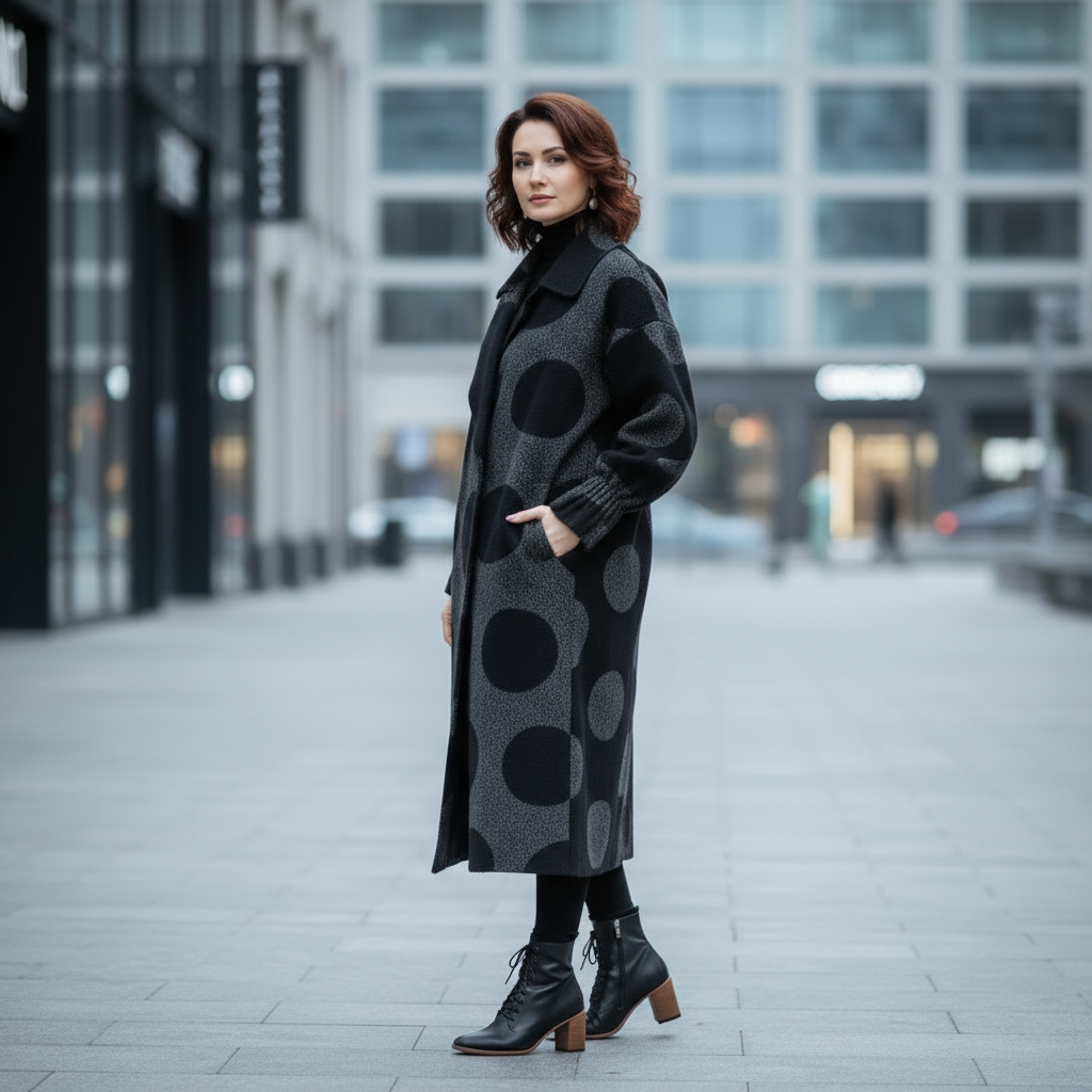 Woman wearing a long black coat with large polka dots on a city street.