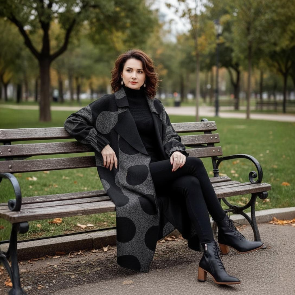 Woman sitting on a bench in a park wearing a long coat with polka dots.