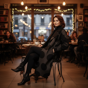 Woman in a black coat sitting in a cozy cafe with string lights.