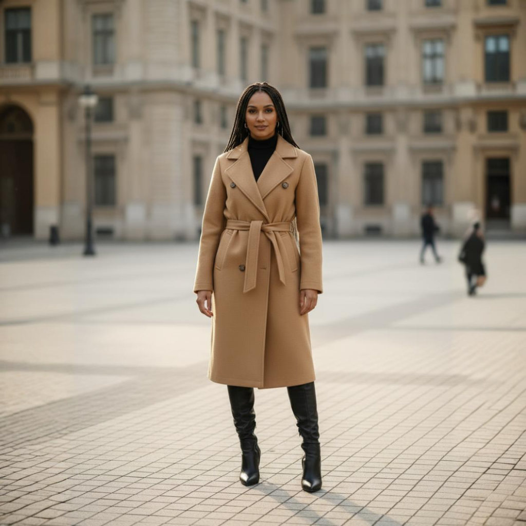 Woman wearing a beige coat standing in an urban square with classical architecture.