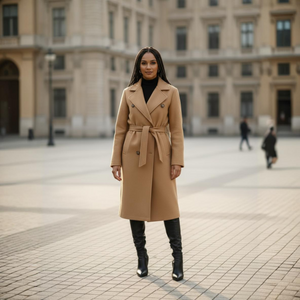 Woman wearing a beige coat standing in an urban square with classical architecture.