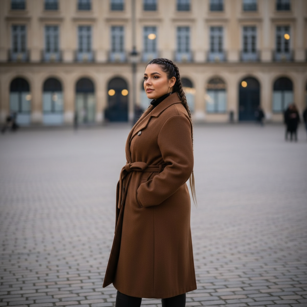 Woman in a brown coat standing in an urban square with classical architecture.