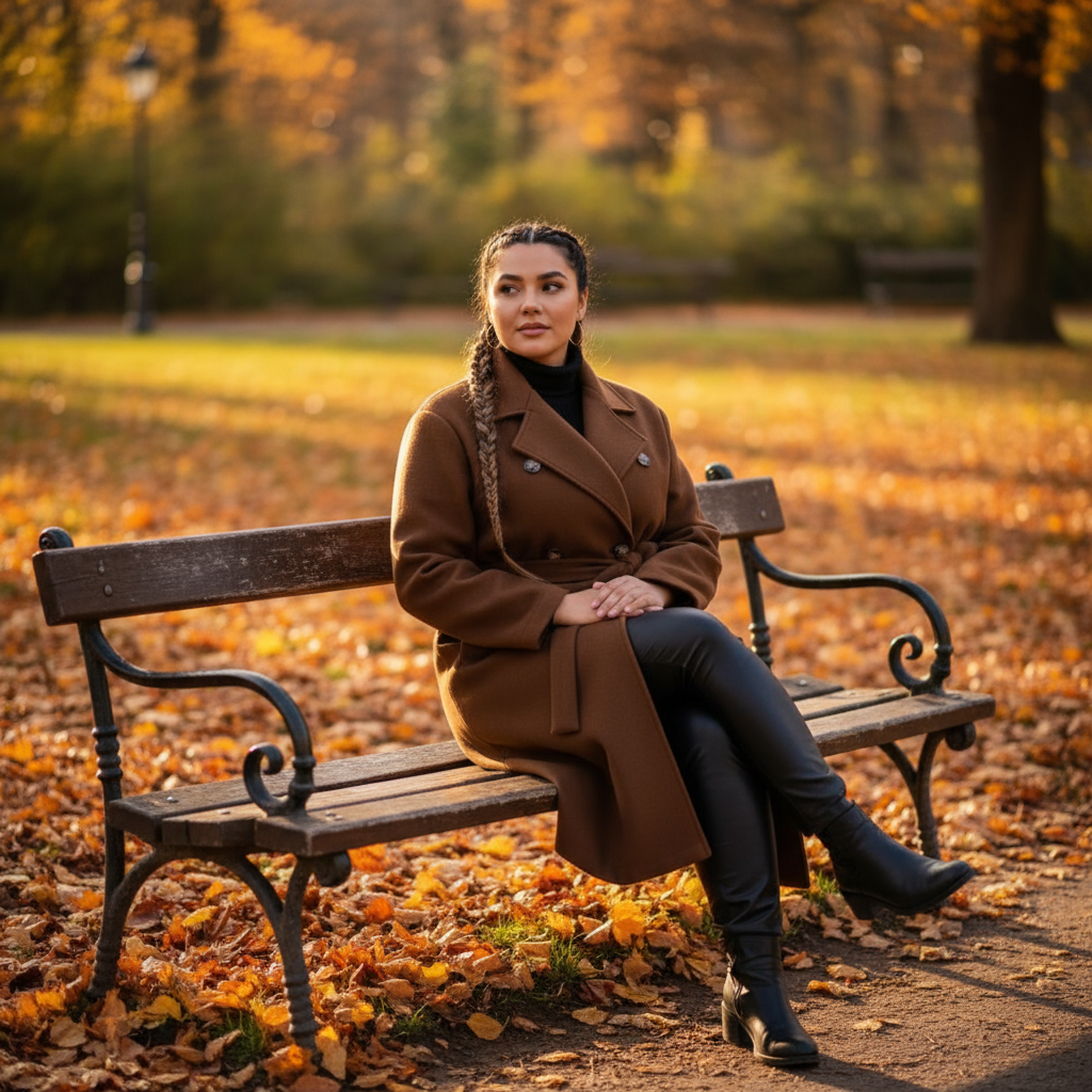 Woman sitting on a bench in a park during autumn.