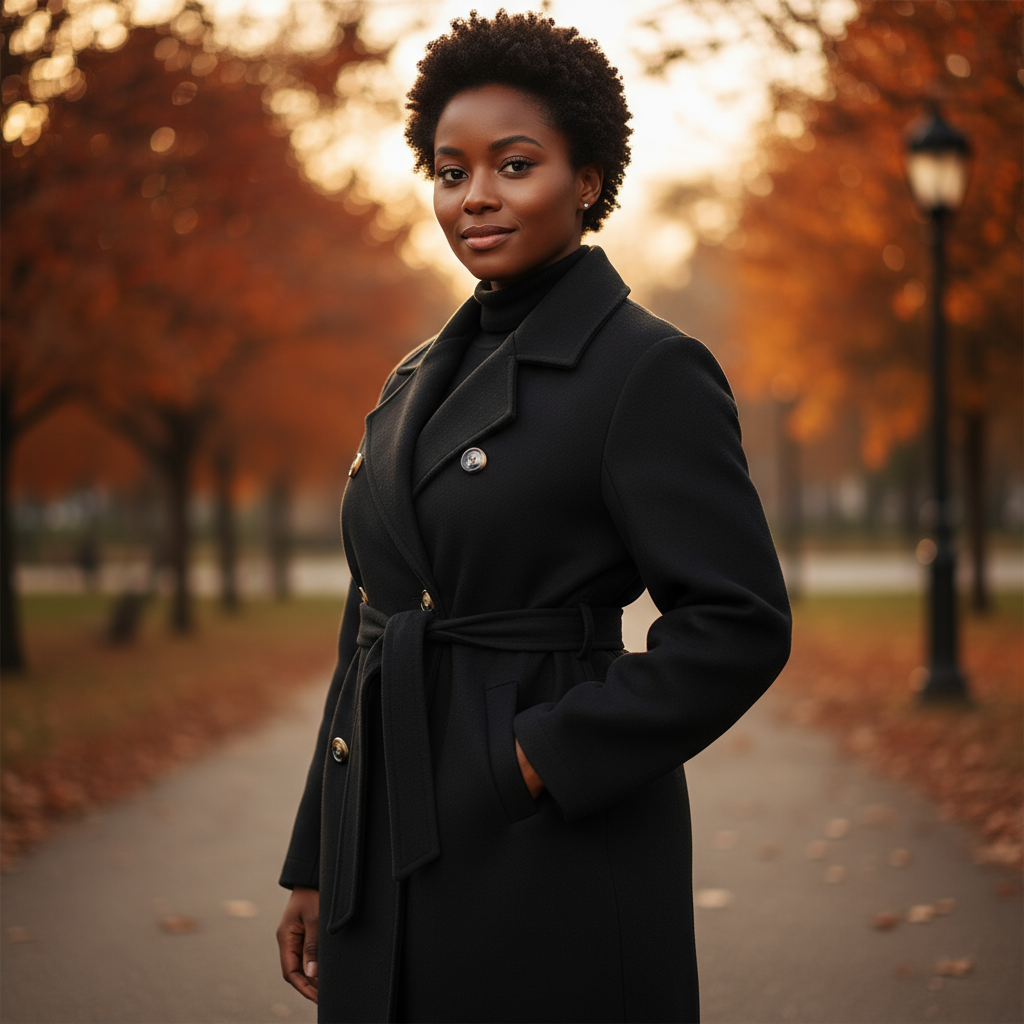 Woman in a black coat standing in an autumn park with trees and a street lamp in the background.