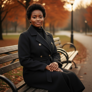 Woman in a black coat sitting on a bench in an autumn park