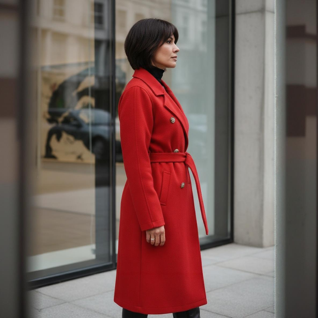 Woman wearing a red coat standing in an urban setting.