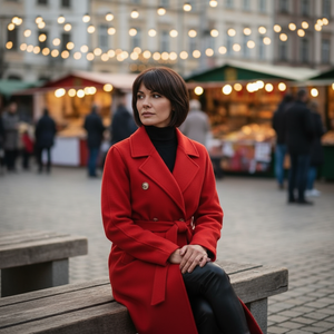 Woman in a red coat sitting on a bench in an outdoor market setting