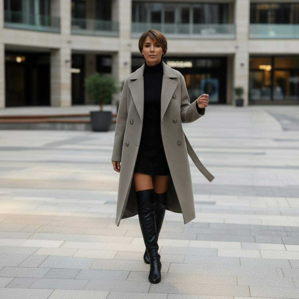 Woman wearing a long coat, black dress, and knee-high boots standing in an urban setting.