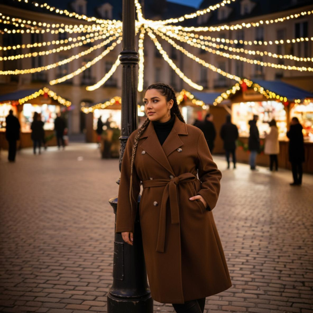 Woman in a brown coat standing in a festive street with lights and blurred people in the background