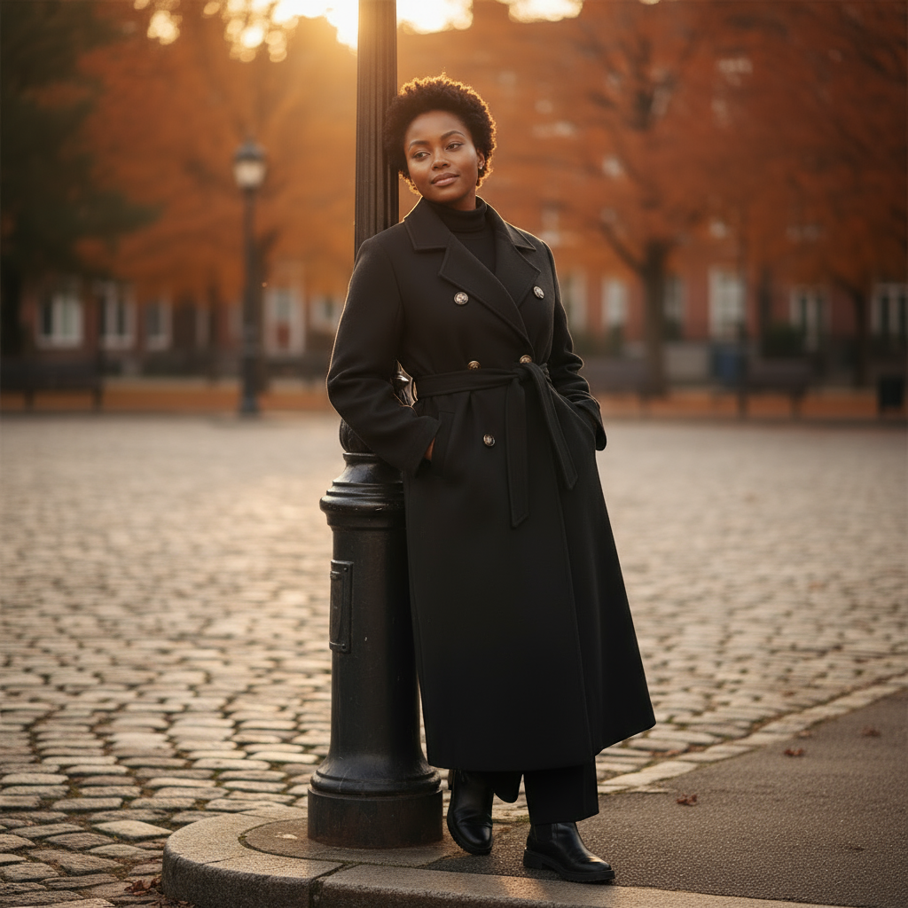 Woman in a long black coat standing on a cobblestone street with autumn trees in the background
