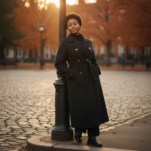 Woman in a long black coat standing on a cobblestone street with autumn trees in the background