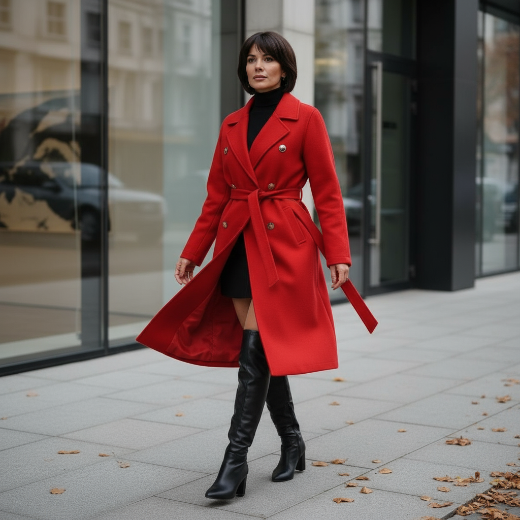 Woman wearing a red coat and black knee-high boots standing on a city street.