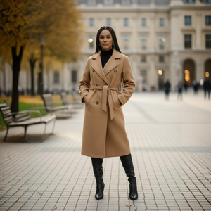 Woman in a beige coat standing in an urban setting with a blurred background