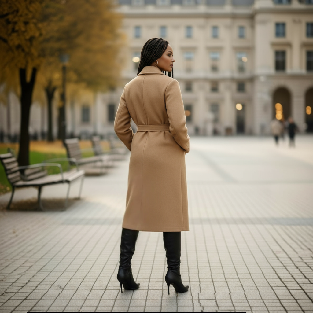 Woman in a beige coat standing on a city street with a blurred building in the background