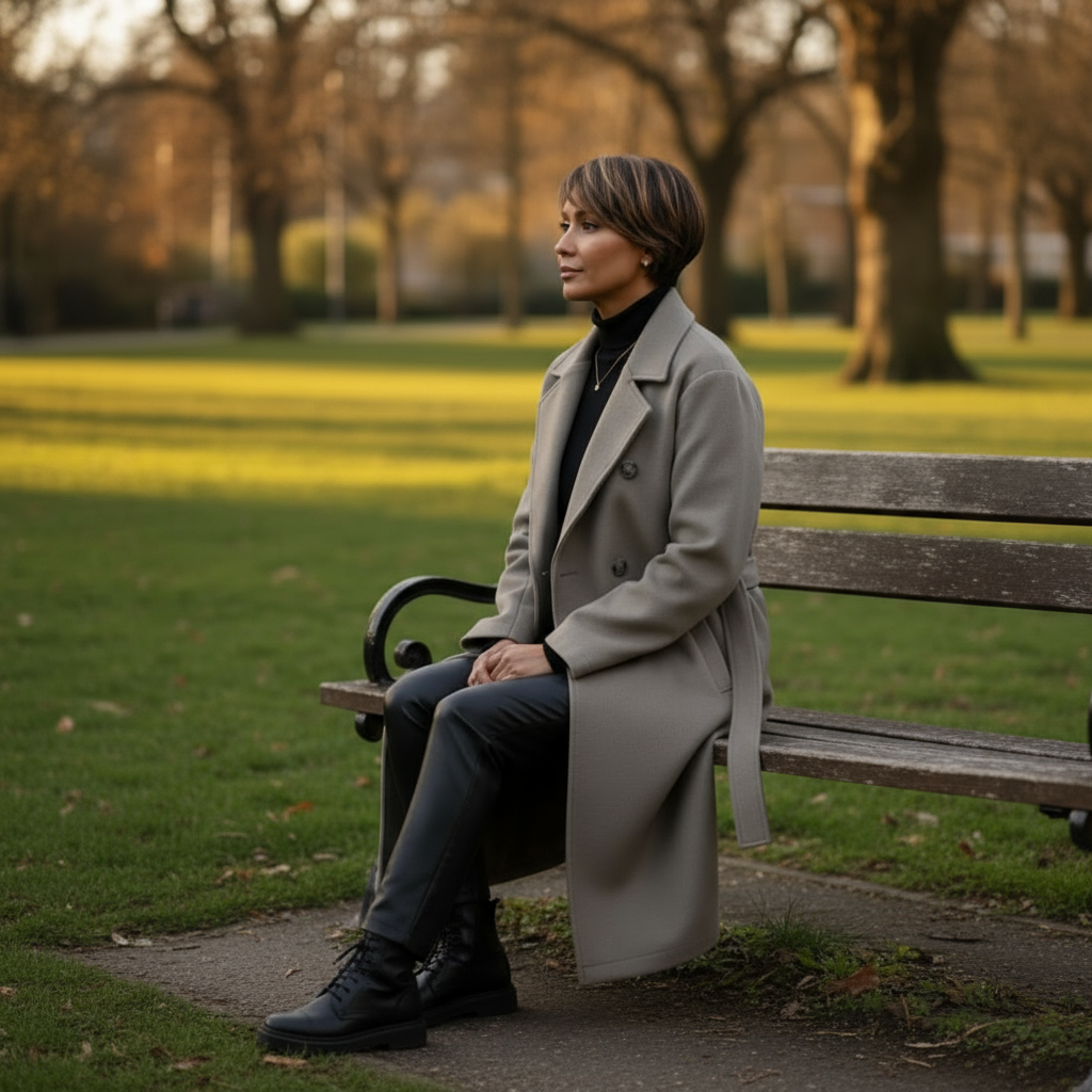 Woman sitting on a bench in a park wearing a long coat.