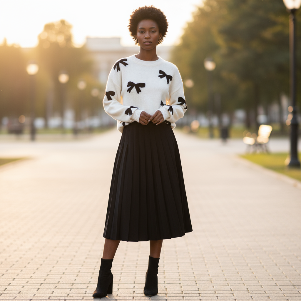 Woman wearing a white sweater with black bow patterns and a black skirt standing on a paved path in a park.