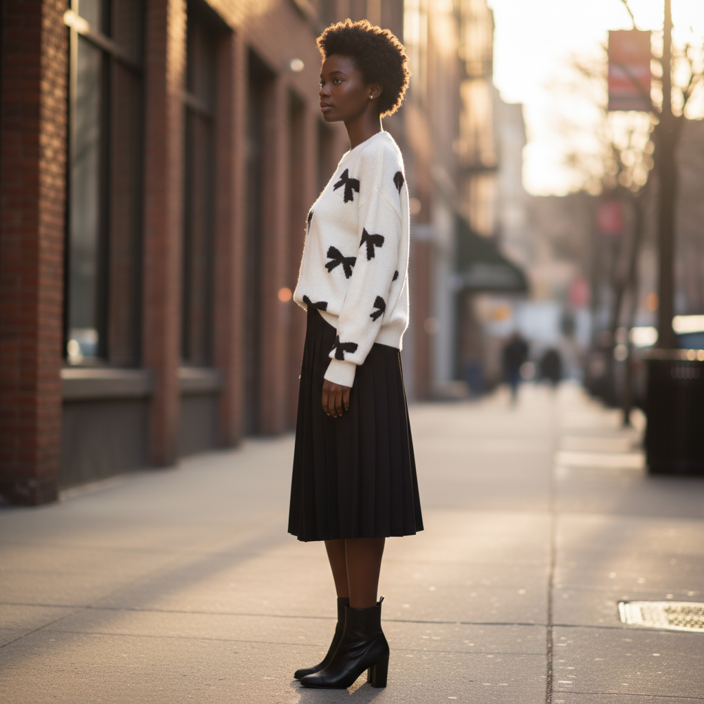 Woman wearing a white sweater with black bow patterns and a black skirt on a city street.