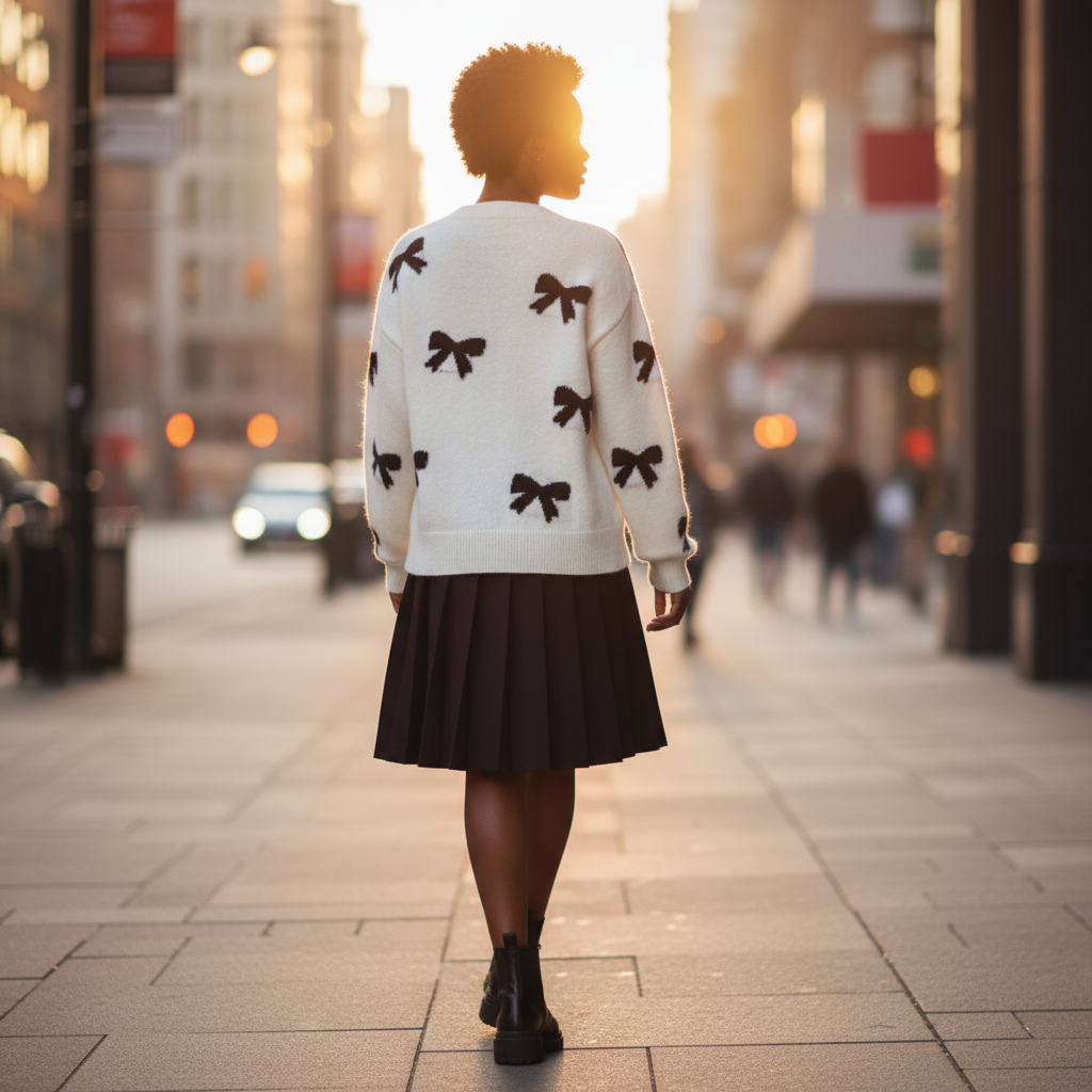 Person wearing a white sweater with black bow patterns and a black skirt walking on a city street.