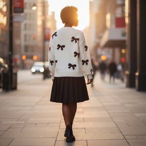 Person wearing a white sweater with black bow patterns and a black skirt walking on a city street.
