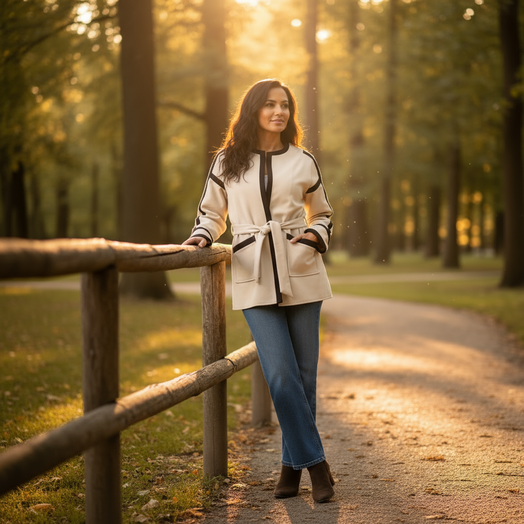 Woman standing on a path in a park with trees and sunlight