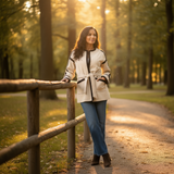 Woman standing on a path in a park with trees and sunlight