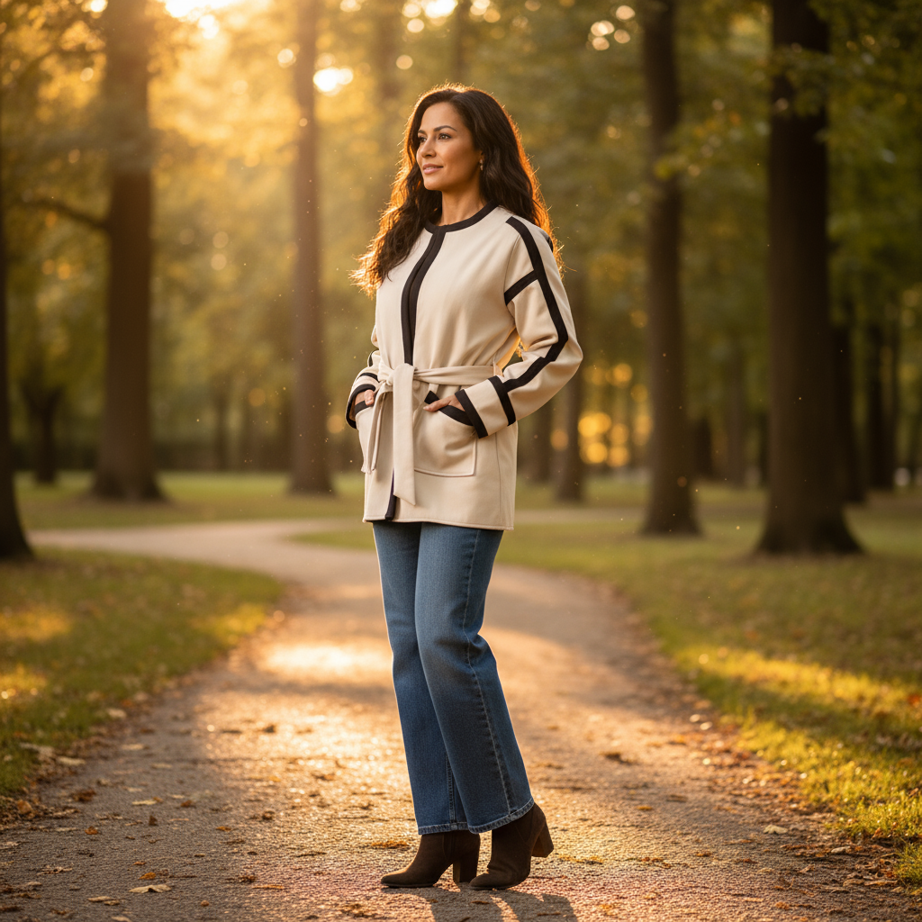 Woman standing on a path in a park with trees and sunlight filtering through the leaves.