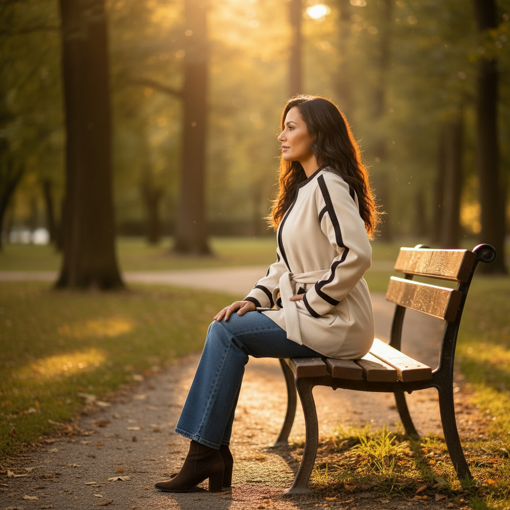 Woman sitting on a bench in a park with warm sunlight filtering through the trees.