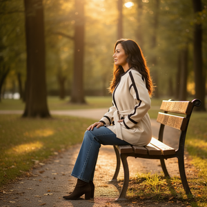 Woman sitting on a bench in a park with warm sunlight filtering through the trees.