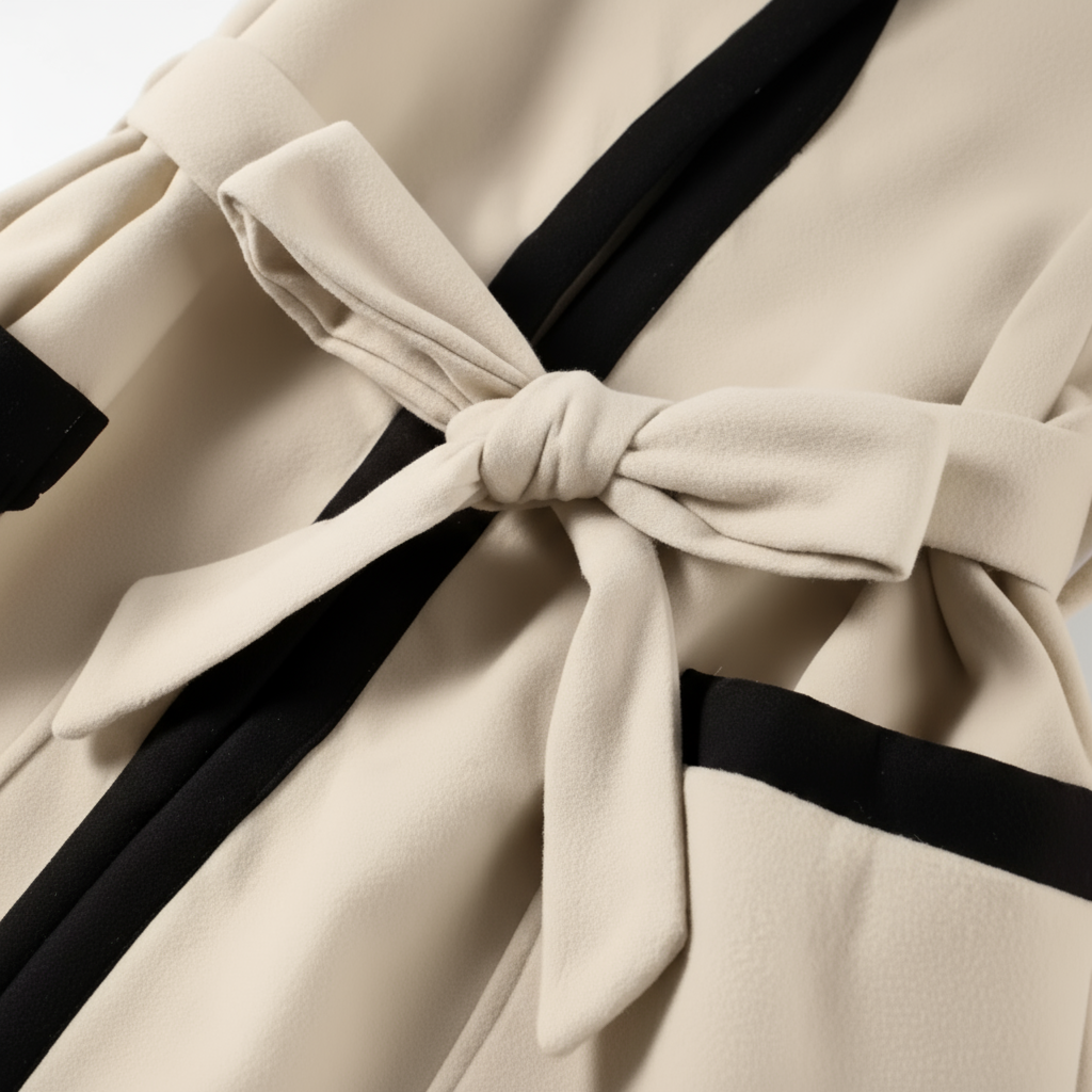 Close-up of a beige coat with a large bow and black accents on a light gray background