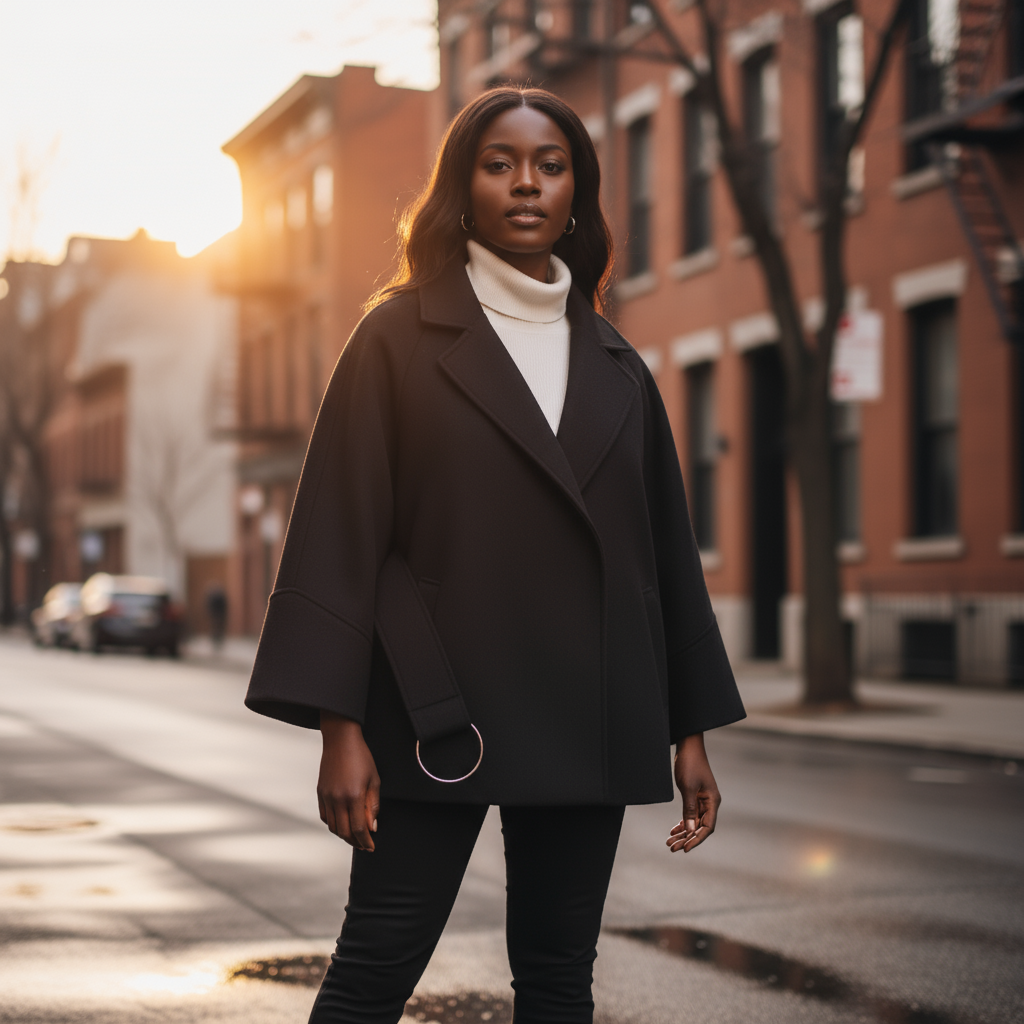 Woman in a black coat standing on a city street with buildings in the background